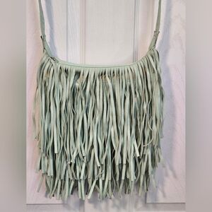 Mint Faux Leather Fringe Purse 44 inch Fixed Strap Zipper Closure